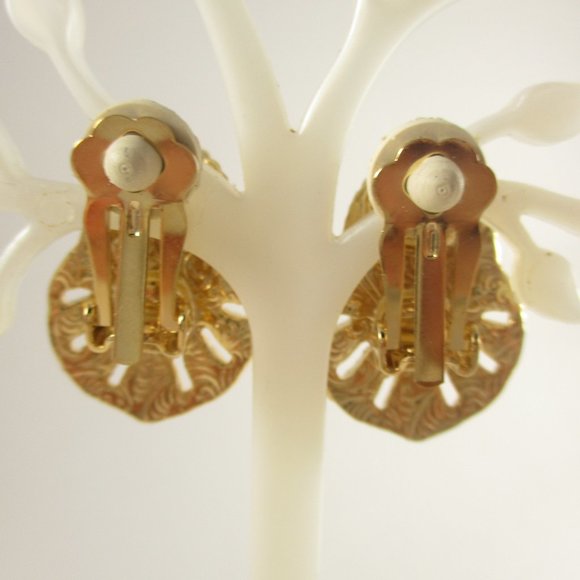 80s Glam VTG Clip On Rhinestone Red Gold Earrings - Picture 5 of 6